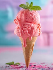 Poster - Strawberry Ice Cream Cone With Mint Garnish Against Pastel Backdrop, Representing Summer Indulgence and Sweet Treat Temptation for Food Blogs : Generative AI