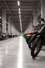 Aufkleber - Row of Motorcycles Parked in Warehouse, Emphasizing Logistics and Distribution Efficiency for Transportation Solutions and Retail Supply Chain Management : Generative AI