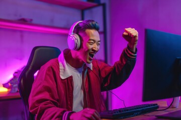 Poster - Excited Asian Gamer Celebrating Victory With Raised Fist, Representing Esports Success and Competitive Spirit in Neon Lit Room : Generative AI