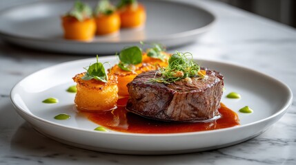 Poster - Filet Mignon Steak With Garnishes on White Plate, Depicting Culinary Excellence and Restaurant Advertising : Generative AI