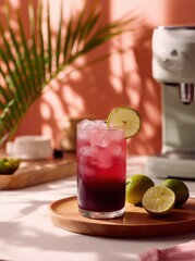 Aufkleber - Refreshing Red Cocktail With Lime and Ice on Wooden Tray, Ideal for Summer Refreshment and Promoting a Healthy Lifestyle : Generative AI
