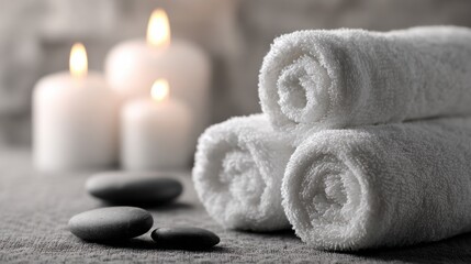 Poster - Rolled White Towels Stacked Near Burning Candles and Smooth Stones, Symbolizing Wellness, Relaxation, and Self-Care for Health and Beauty Products Advertising : Generative AI