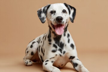 Poster - Happy Dalmatian Puppy Lying Down Against a Beige Background, Representing Pet Adoption and Animal Welfare, Ideal for Veterinarian Marketing : Generative AI
