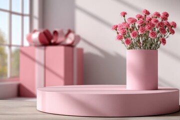Poster - Pink Carnations in Vase on Podium With Gift, Representing Romance and Special Occasion, Perfect for Product Mockup or Valentine's Day Promotion : Generative AI