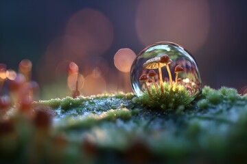 Aufkleber - Miniature Mushrooms Enclosed in a Glass Bubble on Moss, Symbolizing Environmental Protection and Ecosystem Preservation, Ideal for Nature Conservation Campaigns : Generative AI