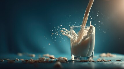 Poster - Milk Pouring Into Glass Creating Splash, Representing Healthy Lifestyle and Refreshment for Product Promotion and Nutrition Content : Generative AI
