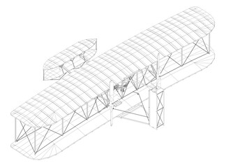 Poster - A drawing of a plane with a white background. The plane is a biplane with a large wing. Isometric view
