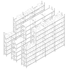 Poster - A series of shelves are shown in a 3D drawing. The shelves are made of metal and are stacked on top of each other. Concept of organization and efficiency. Isometric view