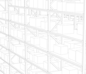Poster - A white background with a black and white drawing of a warehouse with shelves. The shelves are filled with boxes and the boxes are stacked in a way that they are not touching each other