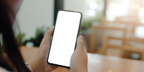 Poster - Woman Holding Smartphone With Blank White Screen in Cafe, Representing Mobile Technology and Digital Communication for Business and Lifestyle : Generative AI