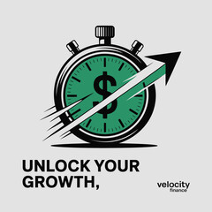 Poster - Velocity finance concept shows time is money with a stopwatch dollar sign and upward arrow representing financial growth and success.