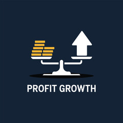 Poster - Profit growth concept illustrating financial balance and upward trend using scale gold coins and an ascending arrow in a modern vector style