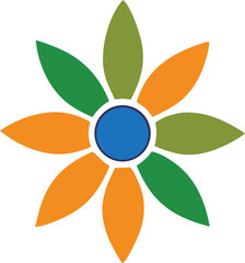 Poster - Abstract eight petal flower with blue center green and orange petals