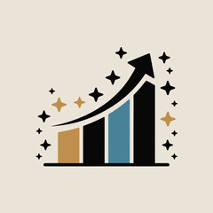Poster - Abstract vector illustration of a rising bar graph with an upward pointing arrow surrounded by stars representing growth and success