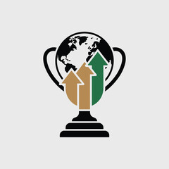 Poster - Global growth and achievement concept depicted in a cup shape with earth globe and upward pointing arrows with modern design