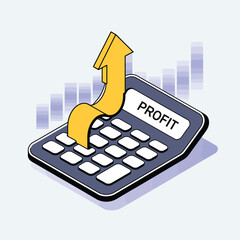 Poster - Isometric illustration of a calculator displaying the word profit with an upward arrow indicating profit growth on a financial graph in a business and finance context