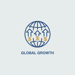 Poster - Financial growth concept showing global economic expansion with arrows dollar signs and a globe symbol against a plain white background suitable for business presentations and websites.