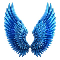 Poster - Elegant pair of blue angel wings isolated on white background, showcasing intricate feather details and a sense of freedom and ethereal beauty