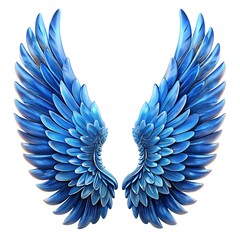 Poster - Pair of majestic blue angel wings isolated on white background, featuring intricate feather details and a celestial, ethereal design