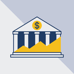 Poster - Financial growth concept depicted by a bank building with a rising trend illustrated in a vector style. business investment and banking success representation.
