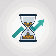 Poster - Hourglass with coins representing time is money concept with upward green arrow showing financial growth for investment ideas