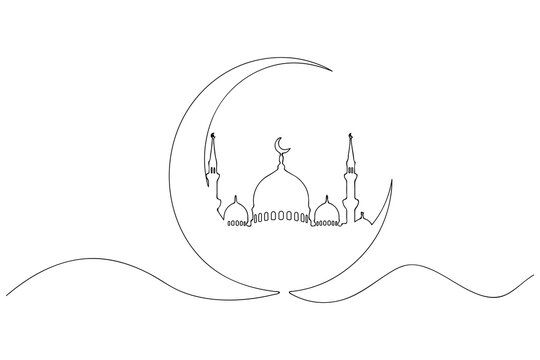 Crescent moon and mosque one line drawing minimalist vector illustration
