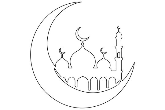 Crescent moon and mosque one line drawing minimalist vector illustration
