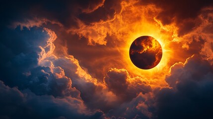 Wall Mural - Solar eclipse casts an ethereal light across the cloudy sky creating unique scenery