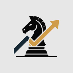 Poster - Strategic business growth concept illustrated with a chess knight and ascending arrow representing progress and development in a simple flat design vector