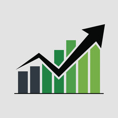 Poster - Business growth chart depicting upward trend with green bar graph and black arrow signifying profit success on clean white background