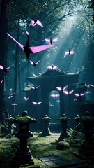 Wall Mural - Glowing paper cranes dance in the forest