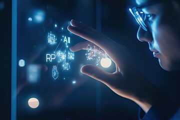 person interacts with futuristic interface displaying data points. hands hover over holographic proj