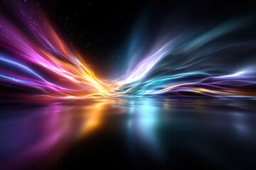 Poster - Colorful light waves create a mesmerizing display over a calm reflective surface at night