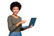 © deagreez - Photo of cute stylish trendy black model pointing at laptop recommending you to purchase it requesting to follow on social media wearing hreen sweater jeans denim isolated vivid color blue background