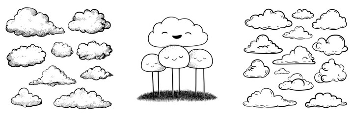 The set features fluffy clouds outlined in a simple hand-drawn style with editable black lines and white fill