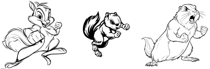  An isolated illustration in black features a muscular cartoon squirrel poised to fight
