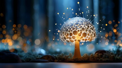 Poster - Glow of a solar mushroom cap illuminates the forest at night with innovative design