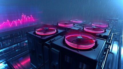 Poster - Futuristic datacenter roof turbine vents glow in digital rain at night