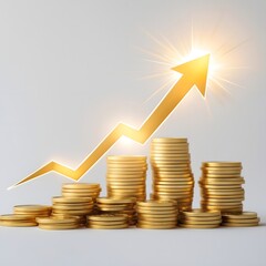 Poster - Golden coins arranged in stacks with a rising golden arrow, representing growth and financial success