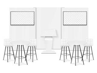 Wall Mural - Trade show booth display kit mock-up. Expo tradeshow set template. Backdrop banner stand, LCD monitor TV video panels, touch screen interactive kiosk, white exhibition tables, chairs. 3d vector mockup