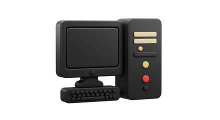 Fototapete - A computer with a monitor keyboard and tower all in black with yellow and red accents on a white background