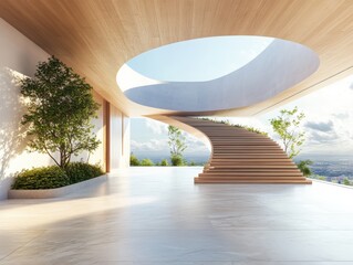 Poster - Stunning architectural design featuring elegant curved staircase modern home interior bright and airy atmosphere