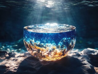 Poster - Underwater reflection of a vibrant ecosystem in a glass bowl ocean photography serene aesthetic