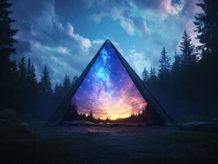 Poster - Stunning cosmic sunrise through a triangular portal enchanted forest digital art night sky mystical perspective