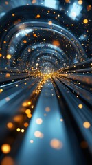 Poster - Dynamic light particles flowing through a futuristic tunnel abstract visualization digital art cinematic perspective