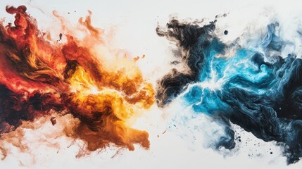 Poster - Dynamic clash of fire and ice abstract art composition studio digital artwork contemporary aerial view contrast of elements