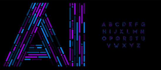 Aufkleber - Digital Futuristic Alphabet, Abstract Linear Font with Neon Glowing Strokes for AI Tech Startup Logo, Artificial Intelligence Data Science, Machine Learning and Cyber Security. Vector Typeset.