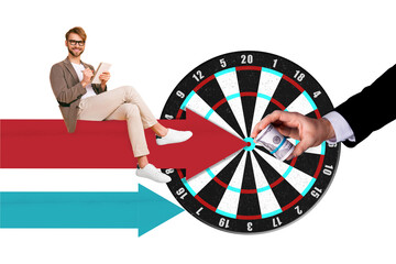 Aufkleber - Creative business template collage of  entrepreneur guy writing copybook sitting on arrows direction to progress earnings win
