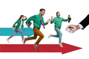 Poster - Creative abstract template collage of excited team work building running have fun hand hold cash dollars banknotes earning hurry fast