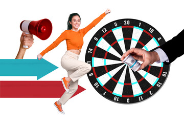Poster - 3d retro abstract creative artwork template collage of excited happy funny female running hold loud speaker darts board hand cash money